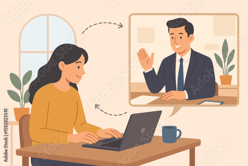 Remote work team meeting, online business communication, virtual video conference between home and office, remote collaboration, businessman and businesswoman digital workspace concept illustration