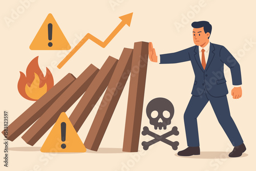 Business Risk Management, Crisis Control, Danger Prevention, Investment Strategy, Risk Assessment, Businessman Stopping Domino Effect, Hazard Warning, Financial Safety Concept