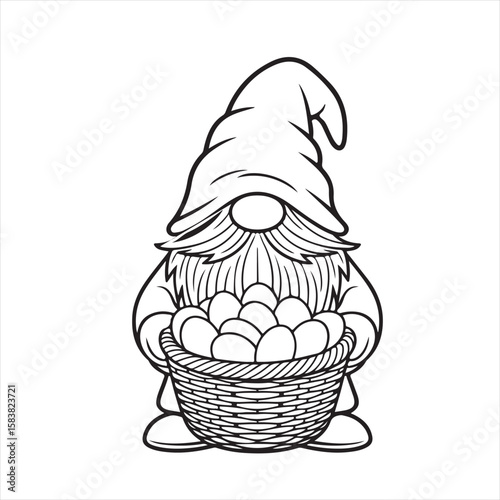 Happy Easter Day Black and white gnome holding a basket of eggs vector illustration