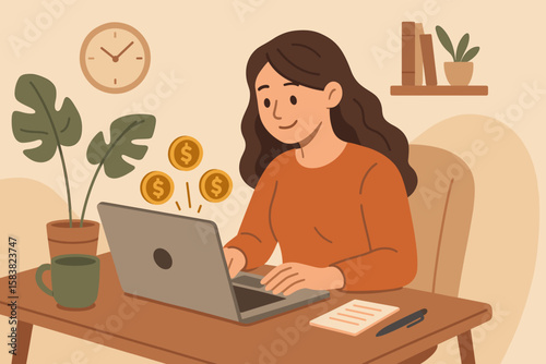 Remote Work Success: Self-Employed Freelancer or Online Business Owner, Young Woman Earning Money from Home, E-Commerce, Distance Work, Modern Home Office, Digital Entrepreneurship
