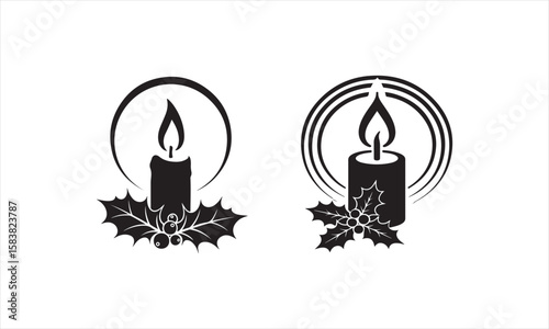 Black and white candle illustrations with holly and flame on white background