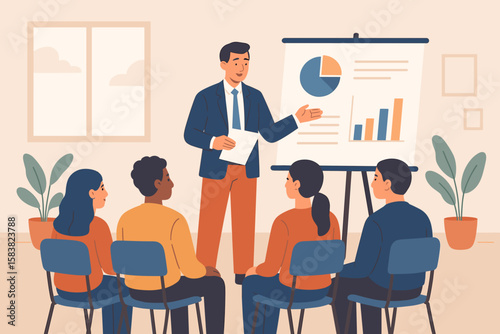 Business Training Seminar, Team Workshop for Skill Development, Corporate Coaching Session, Group Meeting, Professional Consulting, Businessman Presenting Analytics, Office Collaboration Concept
