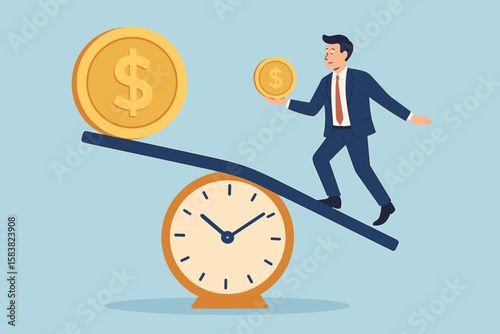 Time Value of Money Concept with Businessman Investor Holding Cash, Present Money Worth More Than Future, Inflation Impact, Investment Growth, Financial Strategy, Economic Value Over Time