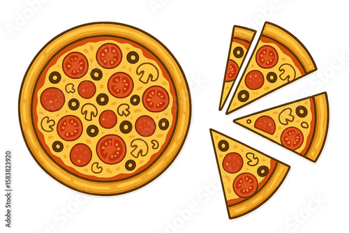 Delicious Traditional Italian Pizza with Pepperoni, Mushrooms, Olives, Whole and Sliced, Isolated on White Background, Tasty Fast Food Vector Illustration for Menu, Restaurant, Cafe, Transparent PNG