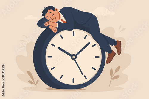 Procrastination, Wasted Time, Low Productivity, Lack of Motivation, Tired Businessman Sleeping on Clock, Slow Work, Self-Discipline Issues, Lazy Office Worker, Efficiency Problem Concept