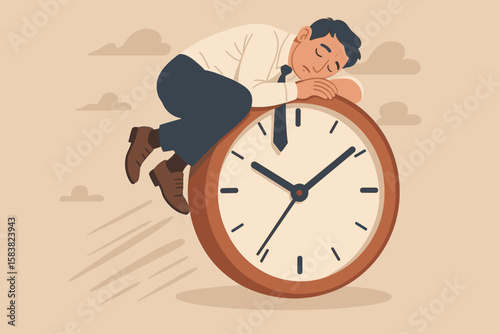 Procrastination, Wasted Time, Low Motivation, and Poor Productivity Concept—Businessman Sleeping on Clock, Lazy to Work, Self-Discipline Problem, Inefficiency, Burnout, Time Management Failure