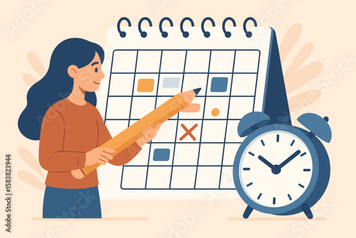 Work Schedule and Syllabus Calendar Planning, Appointment and Event Management, Project Timeline and Business Deadline Reminder Concept with Woman Holding Pencil