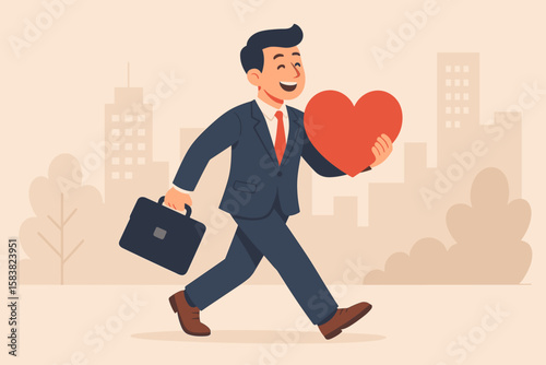 Happy Businessman Holding Heart Symbol, Passion for Work, Motivation and Inspiration, Career Success, Love Your Job, Enjoy Working, Dream Job Concept, Urban City Background, Employee Engagement