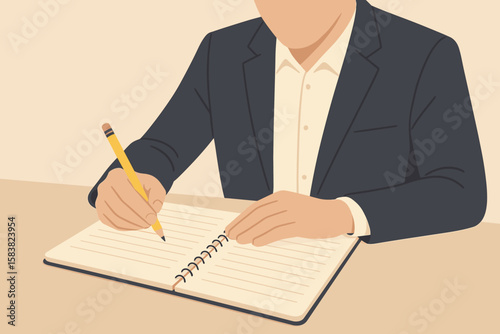 Businessman Writing Note on Notebook Paper, Document Writing, Memo or Lecture Recording, Diary and Article Concept, Professional Holding Pencil and Writing Message