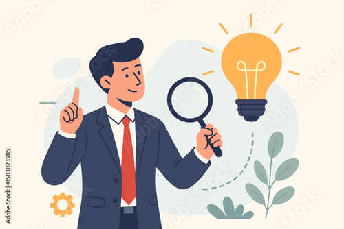Businessman with magnifying glass finds new idea. Innovation and discovery concept. Man searching for a solution with a lightbulb. Business strategy and creativity vector.