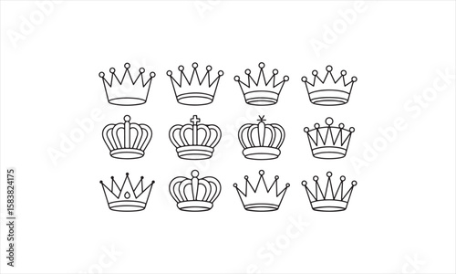 Twelve Black Crown Outlines on White Background Vector Illustration