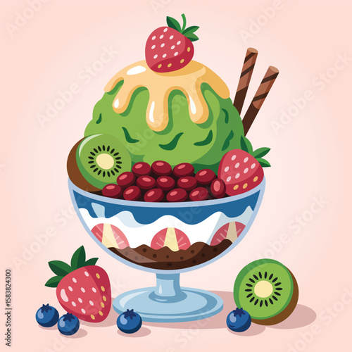 vector illustration of Delicious frozen strawberry ice cream sundae in a glass bowl 