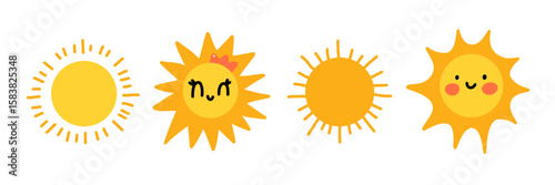 Cute cartoon sun characters set. Three smiling suns with different styles - playful, cheerful, and girly with a crown. Bright and happy summer illustration for kids, stickers, or nursery decor.