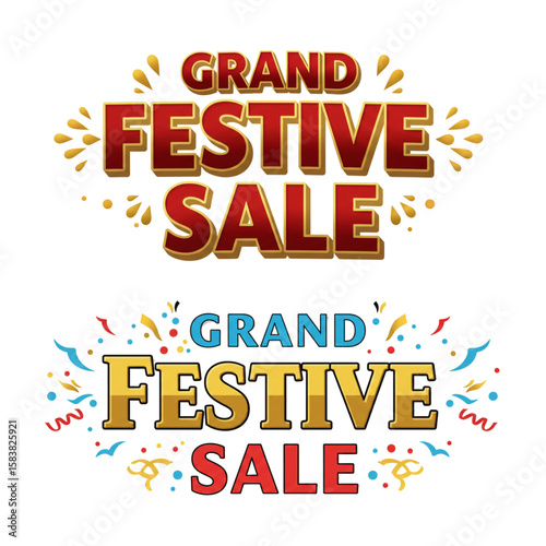 Two festive sale designs celebrate a grand event with dynamic lettering and celebratory confetti, ideal for promotional material and advertisements.