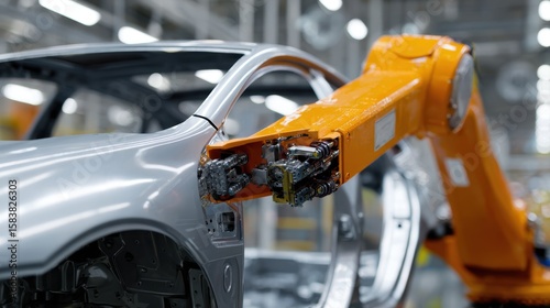 Car manufacturing robot assembling vehicle chassis on high-tech factory floor
