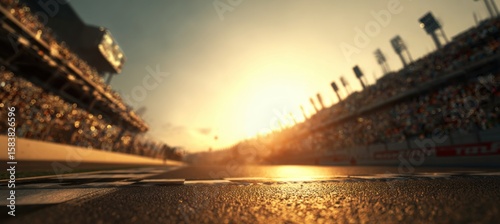 Sunset over a racing stadium, track, and grandstands