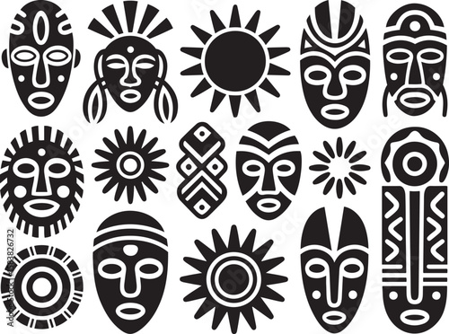 Collection of african tribal masks and sun symbols silhouette isolated on white background