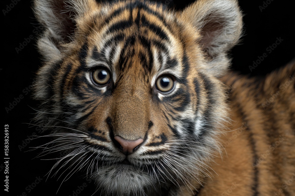 Fototapeta premium Young tiger cub gazes intently with striking eyes and distinct stripes in a close-up portrait, capturing the essence of wildlife