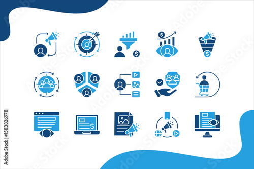 Remarketing banner web icon set vector illustration. concept with Retargeting, Conversion, Target audience, Customer retention, Display ads, Engagement