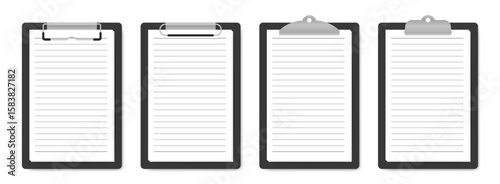 Vector set of black metal paper clamps in 4 different styles. Each holds a piece of lined paper, perfect for stationery, office, or back-to-school designs.