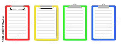 Flat vector illustration of 4 colorful paper clamps in red, yellow, green, and blue. Each clamp holds a sheet of lined paper.
