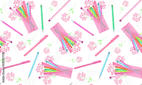 cute school office stationery seamless wallpaper pattern with floral elements and pens on white background for decor web design girl textile