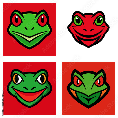 Four square panels displaying cartoon frog faces with different expressions and color variations shown