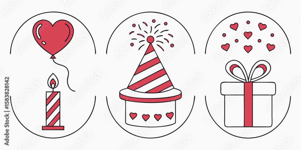 Obraz premium Celebration icons heart balloon candle party hat gift
