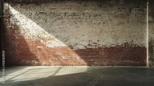 Sunlight illuminating empty industrial room with weathered brick wall