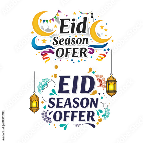 Festive Eid season sale graphic with crescent moons, lanterns, and ornamental elements, designed for promotions and celebrations.