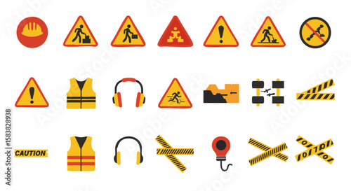 Set of 15 Flat Construction Safety and Warning Signs Icons