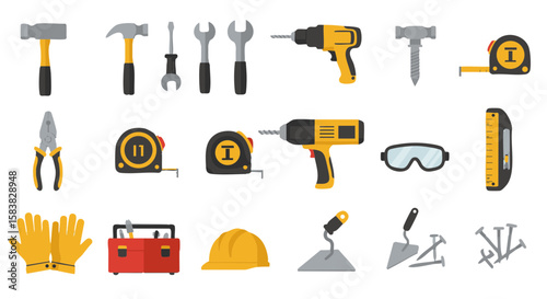 Set of 15 Flat Construction Tool Icons in Industrial Style