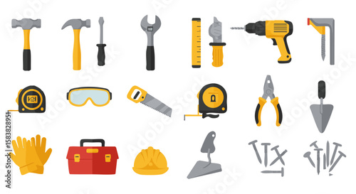 Set of 15 Flat Construction Tool Icons in Industrial Style