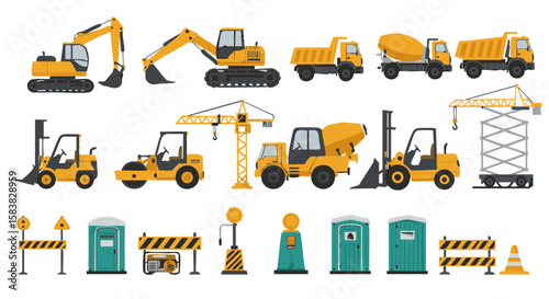 Set of 15 Flat Construction Machines and Site Equipment Icons
