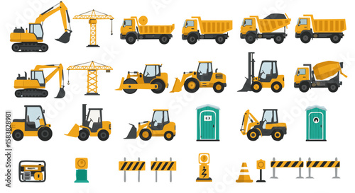 Set of 15 Flat Construction Machines and Site Equipment Icons