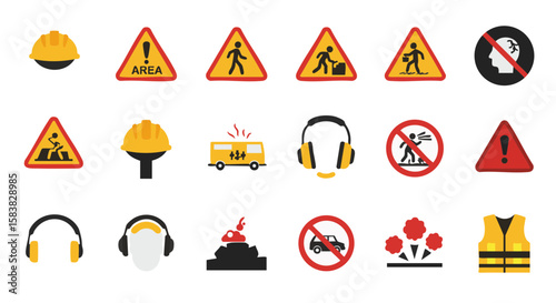 Set of 15 Flat Construction Safety and Warning Signs Icons