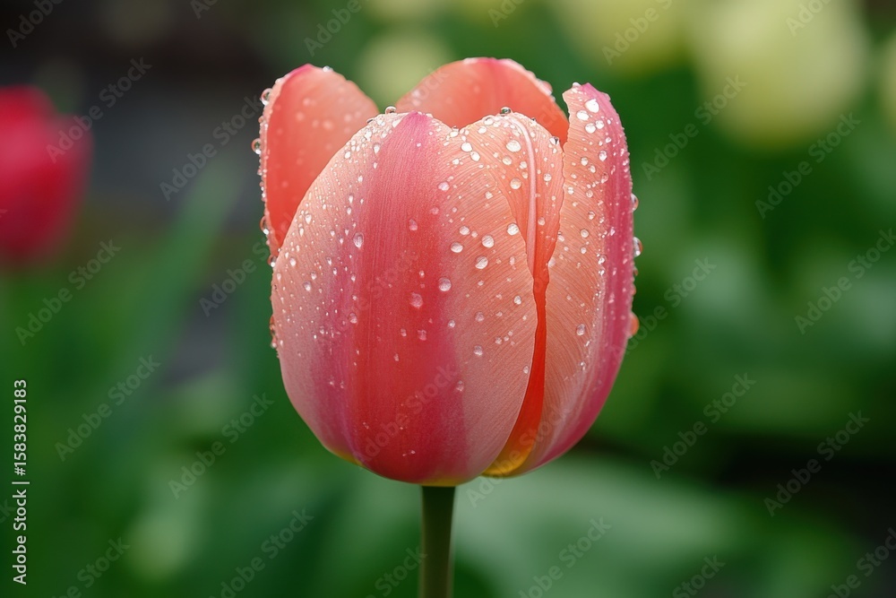 Fototapeta premium Dew-kissed pink tulip blooms in spring garden with vibrant green foliage surrounding it