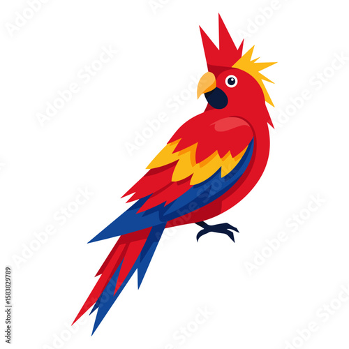  A flat color vector of a tropical bird in a vibrant color palette of bright red, yellow, and blue