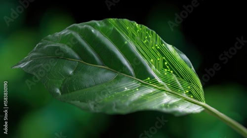Conceptual image of a green leaf transforming into circuit lines, convergence of nature and tech. Bio-tech, future.