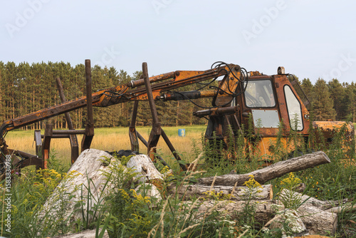 Obraz na plátně old farm equipment in field with forest