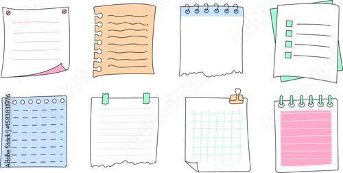 Hand-drawn collection of colorful notebook papers, torn sheets, to-do lists, and memo pads. Perfect for planners, bullet journals, and school-themed designs.