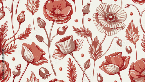 Elegant terracotta poppy floral seamless pattern; botanical illustration, romantic mood.