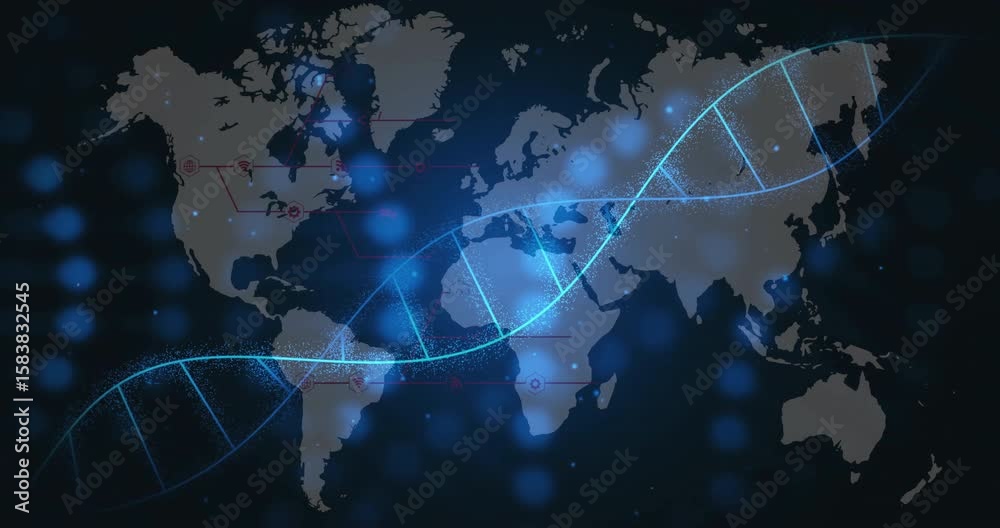 Trace near East Asia sparking DNA helix forming sweeping across transparent map visualizing data