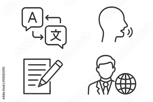 Language skills icon set. Linear icons for translation, speech, writing, and linguistics. Editable stroke symbols for global communication and translator services.