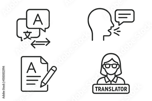 Language translation & communication skills icon set. Linear style icons for speech, writing, linguistics, and professional translator services. Outline vector pictograms.
