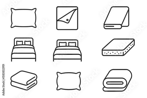 Linens line icon set. Pillowcase, duvet cover, sheet, bed linen, pillow, mattress, blanket vector icons. Bedroom furniture and home textile outline symbols for comfort and sleep.