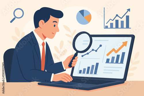 Businessman analyst using magnifying glass for market research and data analysis. Concept for financial report, SEO analytics, profit, and business growth strategy.