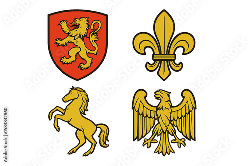Vector set of 4 medieval heraldry symbols. Illustration with rampant lion on shield, fleur-de-lis, royal horse, and imperial eagle. Classic insignia for family crest design.
