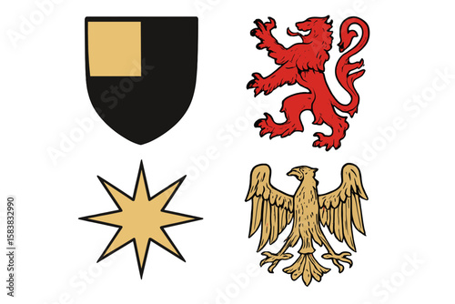 Set of medieval heraldic symbols. Vector illustration of a royal rampant lion, an eagle, a shield, and a star. Ancient nobility coat of arms elements for family crest design.