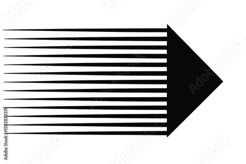 Arrow icon showing speed, acceleration and motion. Black and white striped geometric shape pointing right. Abstract concept of progress, velocity, and forward direction.
